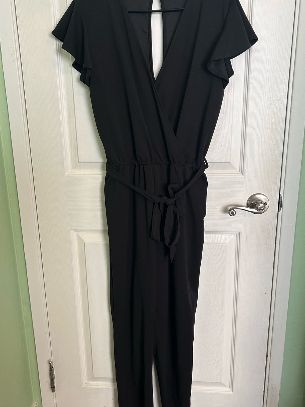 Women's Black V-Neck Wrap Jumpsuit with Waist Tie
